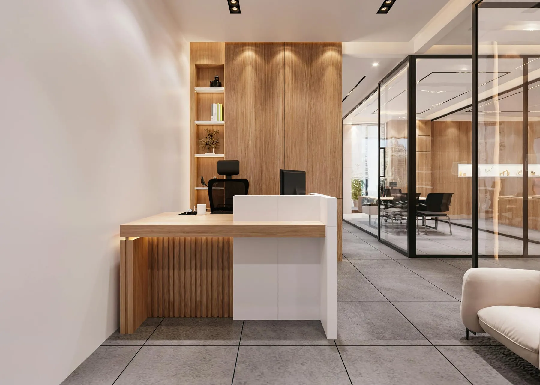 A quiet, modern office interior with timber, glass, and clean architectural lines
