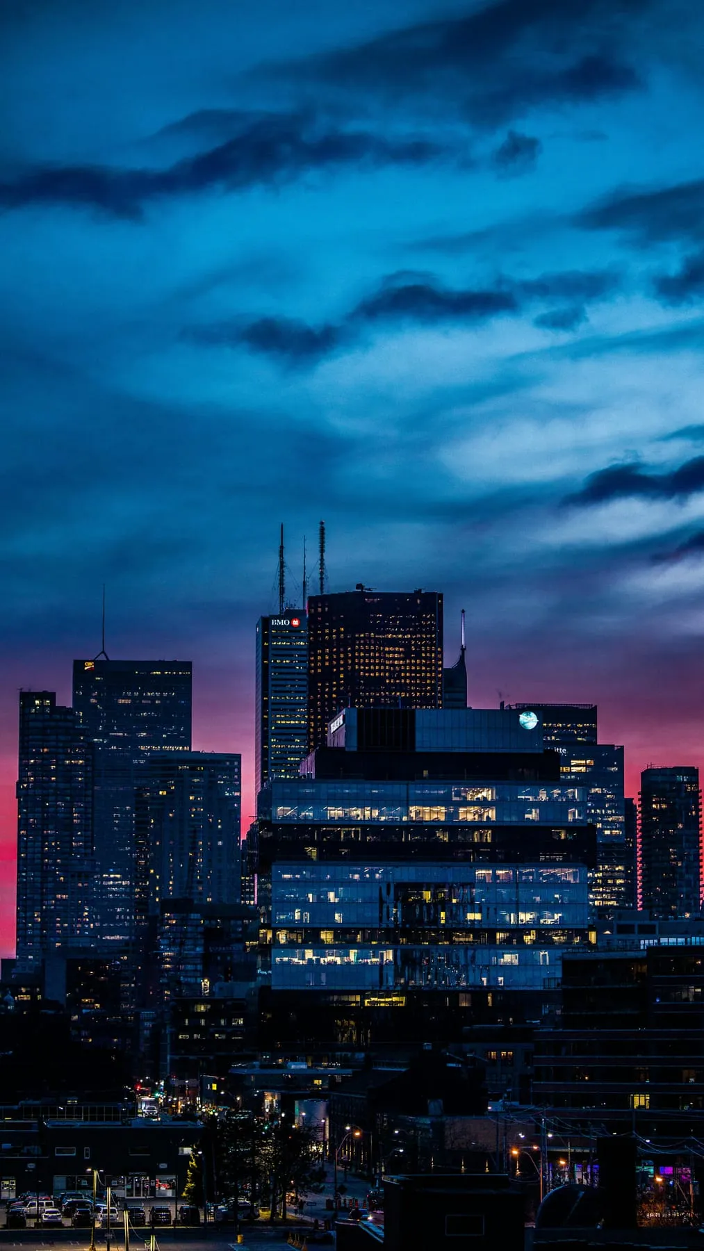 A modern commercial precinct at twilight